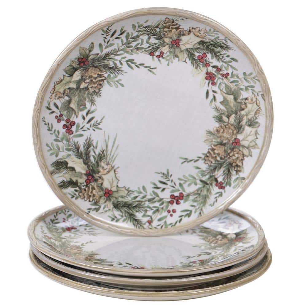 Holly and Ivy Ceramic Christmas Dinner Plates, 11-inch, Set of 4