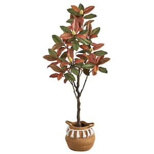 5ft. Brown Artificial Fall Magnolia Tree with Handmade Jute and Cotton Basket with Tassels