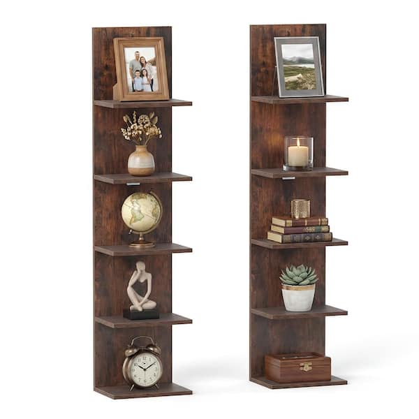 HONEY JOY 2PCS 5-Tier 51 in. Tall Rustic Brown Wall Mounted Wood