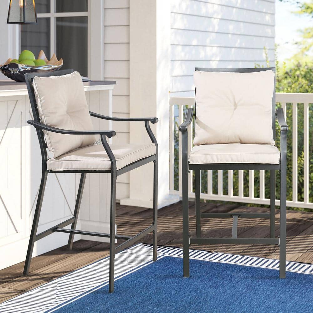 Black Steel Bar Height Armchair with Beige Cushions