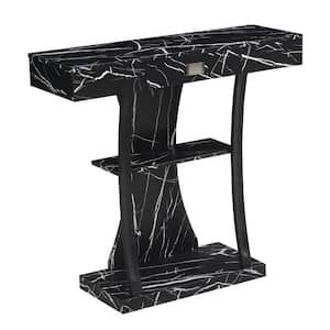 Newport Harri 36 in. Black Faux Marble Rectangle MDF Console Table with 1 Drawer and Shelves