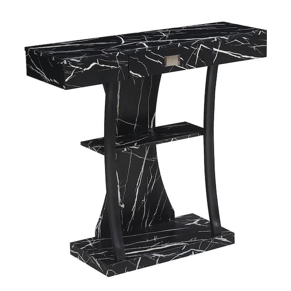 Convenience Concepts Newport Harri 36 in. Black Faux Marble Rectangle MDF Console Table with 1 Drawer and Shelves