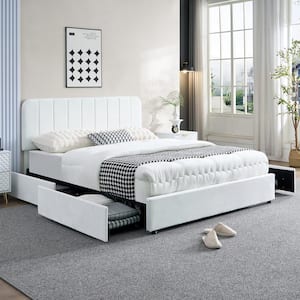 Upholstered Bed White Metal Frame Queen Size Platform Bed with 4-Storage Drawers and Headboard, Wooden Slats Support