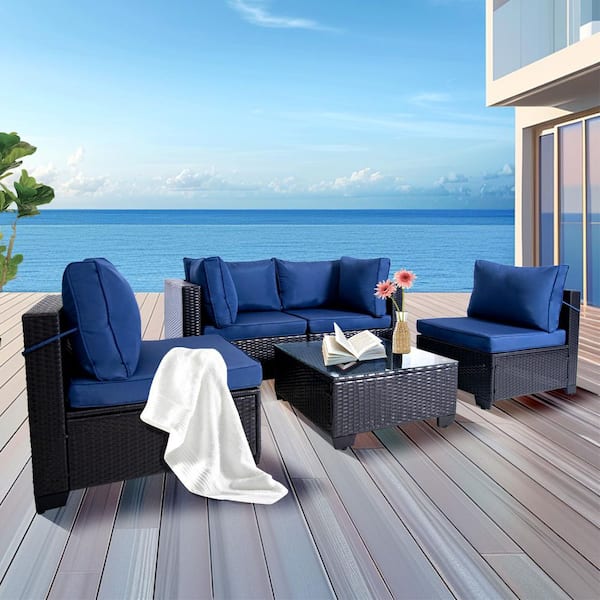Zeus & Ruta 5 Piece Black Wicker Outdoor Sectional Set with Blue Cushion and 1 Side Table for Patio, Balcony, Backyard