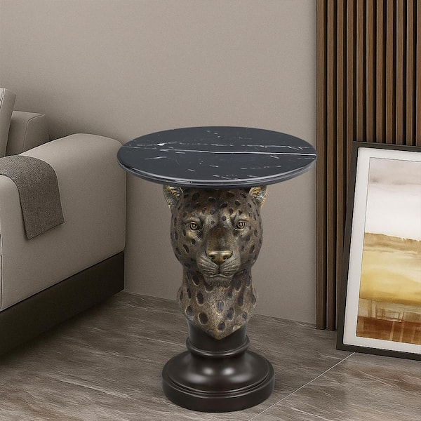 19.69 in. Antique Brown Leopard Head Accent Table Animal Sculpture End Table with Faux Marble Top