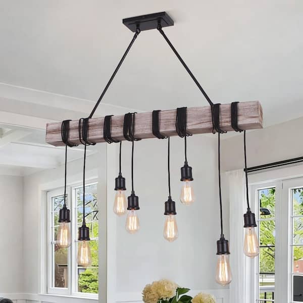 HUOKU 8-Light Black Rope Chandelier Wooden Kitchen Island Linear