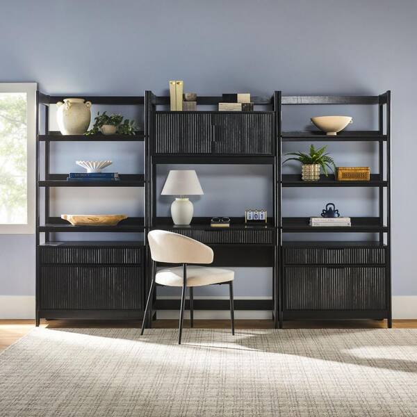 Walker Edison Furniture Company 3-Piece Transitional Black Reeded 38 in. Hutch Desk with 2 Wide Modern Bookcases