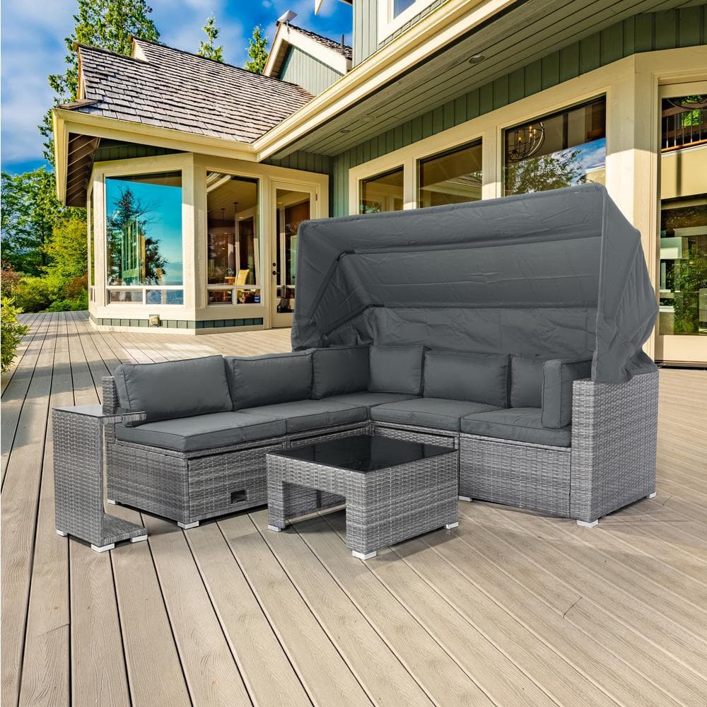 Outdoor Canopy Gray with Patio Home 7-Piece Rattan - Cushions Wicker Afoxsos Sofa The HDMX2767 Depot Washable with Set Furniture Sectional Retractable