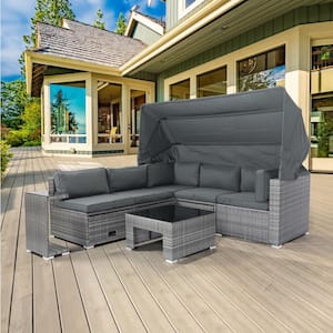 7-Piece Wicker Rattan Outdoor Sectional Patio Furniture Sofa Set with Retractable Canopy with Washable Gray Cushions