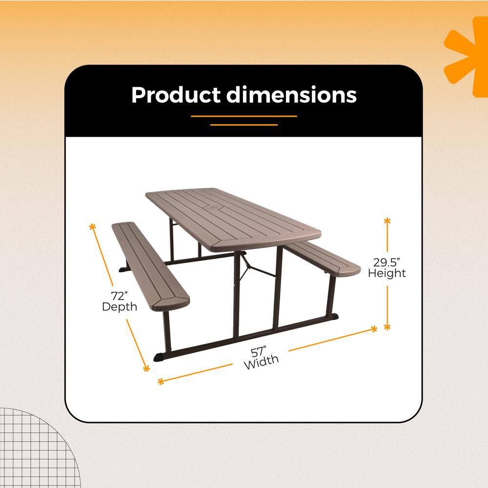 Travis 72" Brown Polypropylene Folding Picnic Table with Benches