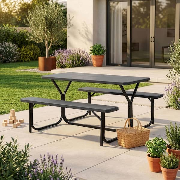 Gardenised Woodgrain Plastic and Metal Frame Steel Gray Outdoor