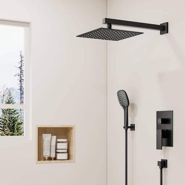 YAWWALK 3-Spray 10 in. Wall Mount Dual Shower Heads Fixed and Handheld Shower Head in Matte Black (Valve Included)