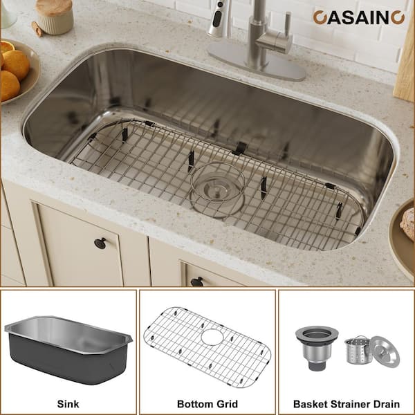 CASAINC 32 in. Undermount Double Bowl 18 Gauge Brushed Stainless Steel Kitchen Sink with Bottom Grid and Basket Strainer