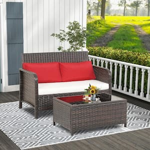 2-Piece Patio PE Wicker Rattan Loveseat Sofa Set with Coffee Table and Red and Off White Cushions