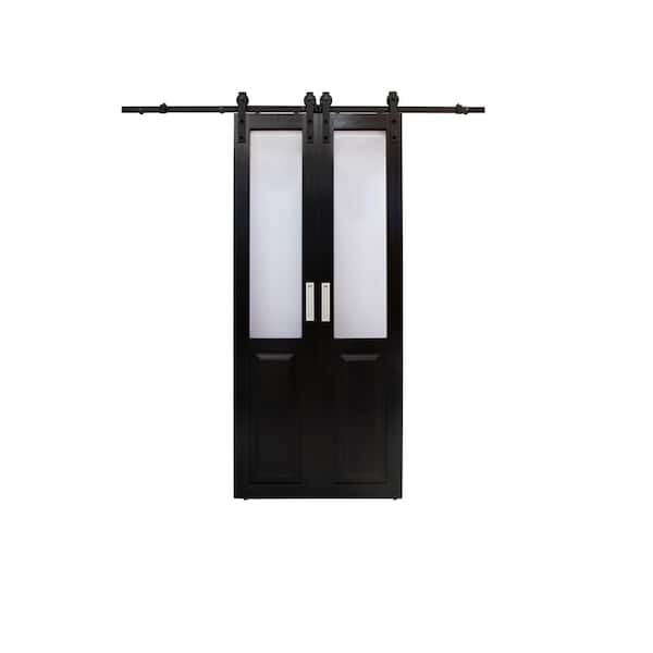 MILLBROOKE 36 in. x 84 in. Center Opening Black Vinyl Barn Door Kit with Frosted Panels, Track and Hardware