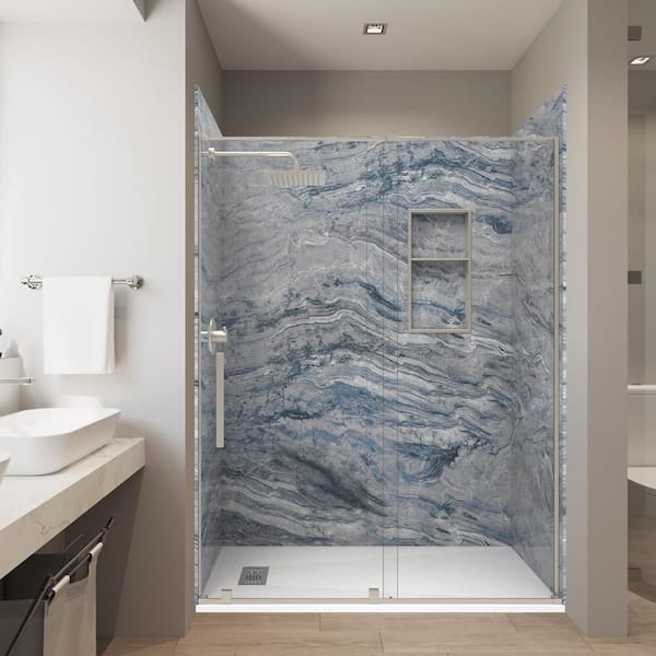 Nacarado Blue 32x60x 84in. Solid Composite Stone Alcove Shower Combo Kit Matching Brushed Nickel Door, Niche, and Drain