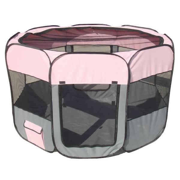 PET LIFE All-Terrain Lightweight Easy Folding Wire-Framed Collapsible Travel Dog Playpen in Pink/Grey - LG