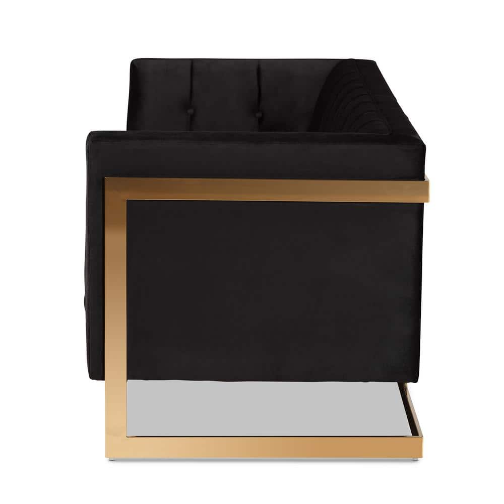 Luxurious Black Velvet Tufted Sofa with Gold-Tone Metal Frame