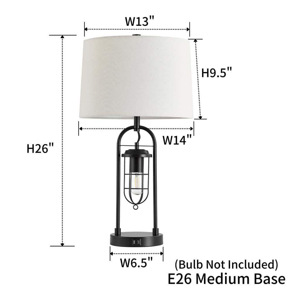 Industrial Black Arc Table Lamp with USB Ports and Fabric Shade