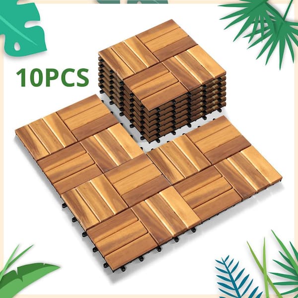 Yangming 12 in. W x 12 in. L Square Patio Natural Color Wood Interlocking Flooring Deck Tiles Mosaic Pattern (10-Pack)