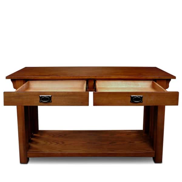 16 in. W Mission Impeccable 2-Drawer Hall Console Sofa Rectangle Table, Medium Oak, Wooden Top