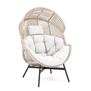 White Metal Outdoor Lounge Chair with Cushions and Headrest Heavy-Duty Metal Frame
