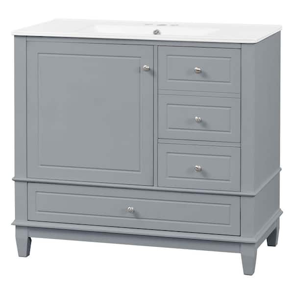 36 in. Single Sink Freestanding Gray Bath Vanity with White Ceramic Sink Top