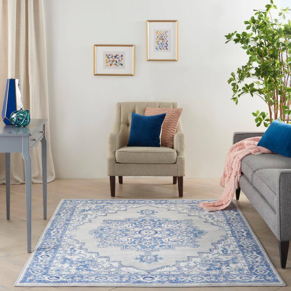 Grey Blue Floral Motif 6' x 9' Easy-Care Synthetic Area Rug