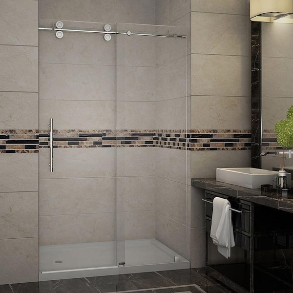 Aston Langham 48 in. x 77.5 in. Completely Frameless Sliding Shower Door with Base and Left Drain in Chrome