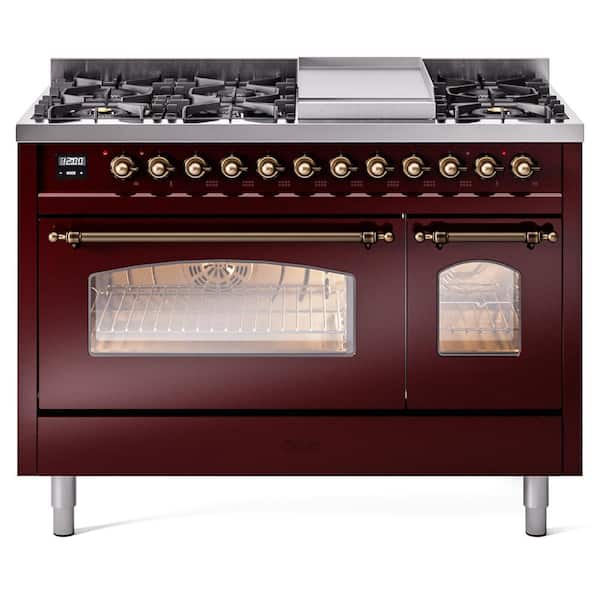 ILVE Nostalgie II 48 in. 8-Burner Plus Griddle Double Oven Natural Gas Dual Fuel Range in Burgundy with Bronze Trim