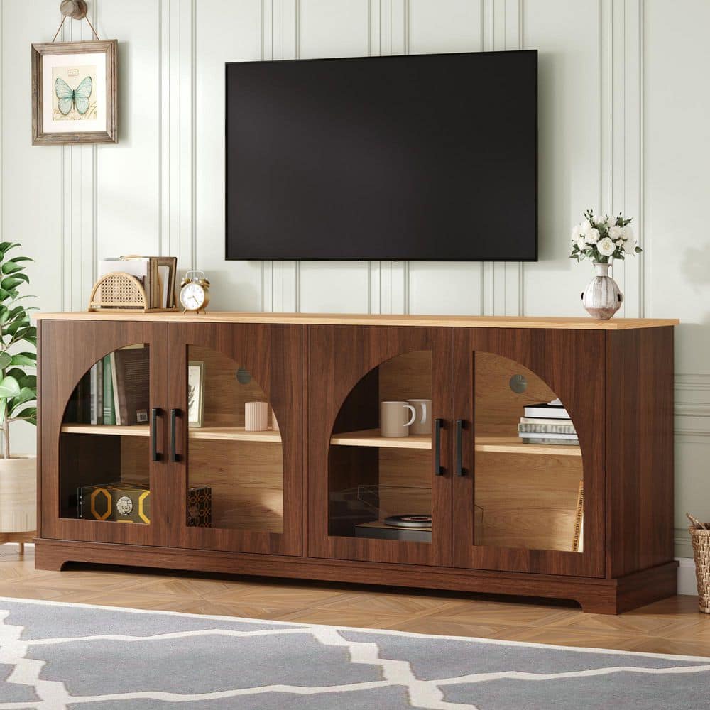 Walnut TV Stand Fits TV's Up to 70 with Semi-Arched Glass Doors,Adjustable Shelves,Cable Management for Living Room