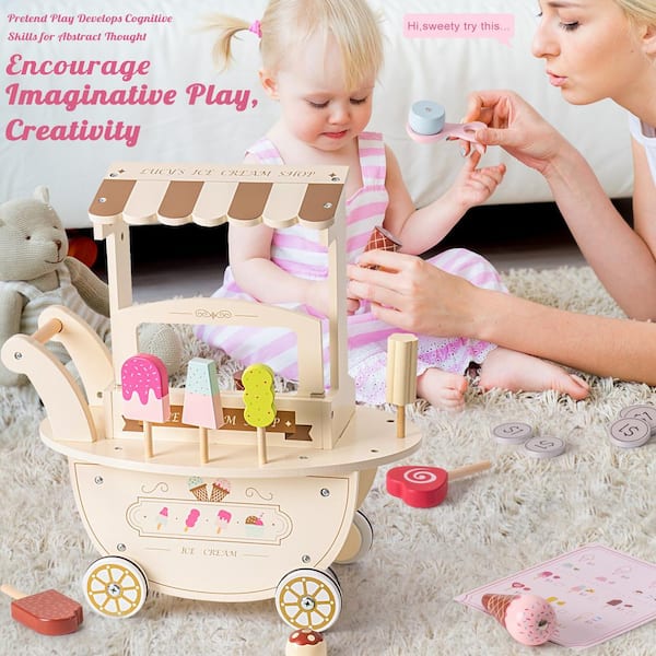 Miscool Wood Ice Cream Cart Toy Playset for Toddlers, Gift for