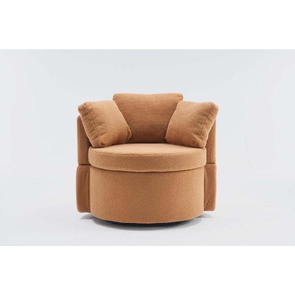 Khaki Teddy Fabric Swivel and Storage Barrel Chair with Back Cushion