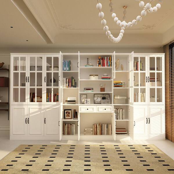 White Wood MDF 141.7 in. Wide Luxurious Wall Sideboard & Wine Rack with 30 Shelves & Tempered Glass Doors & 2 Drawers