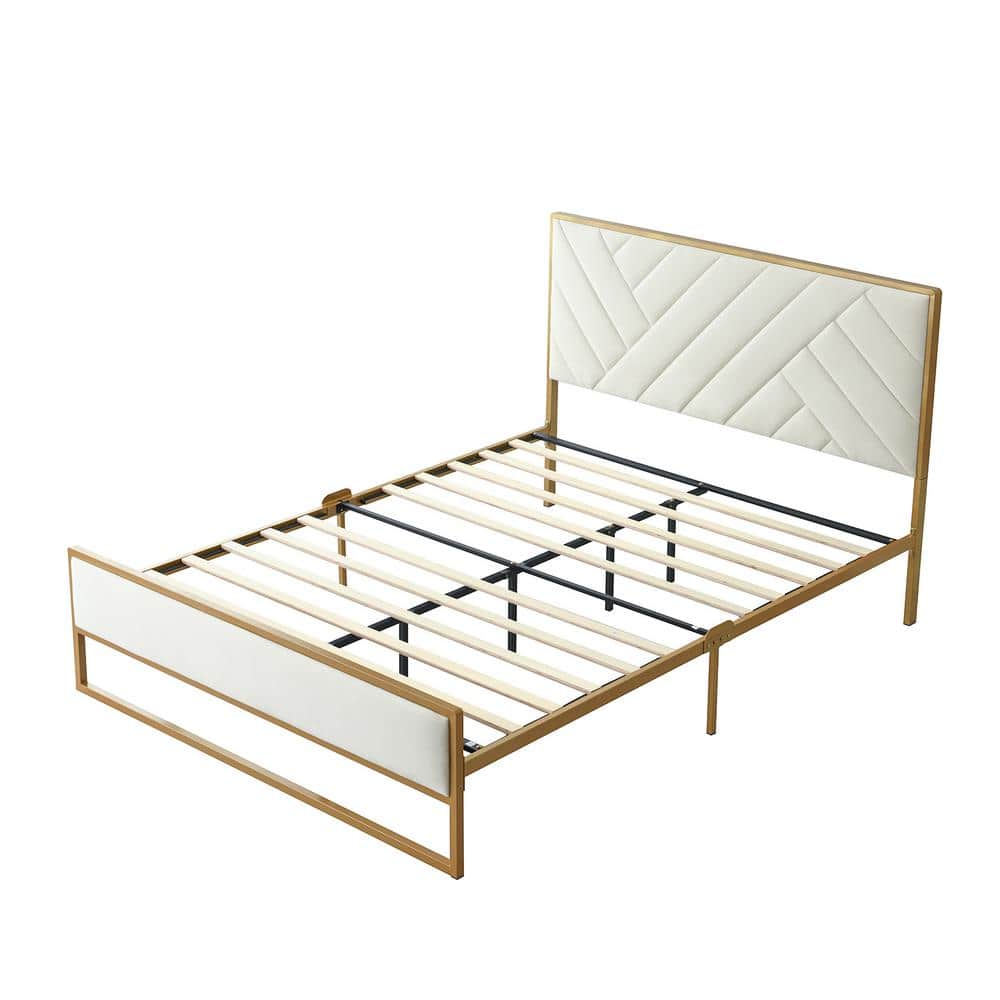 Ahokua Cream White Frame Queen Size Velvet Platform Bed with 10 in. Under Bed Storage Supported by Metal and Wooden Slats BM001-ZJ-CR-Q - The Home Ahokua Cream White Frame Queen Size Velvet Platform Bed with 10 in. Under Bed Storage Supported by Metal and Wooden Slats BM001-ZJ-CR-Q - The Home