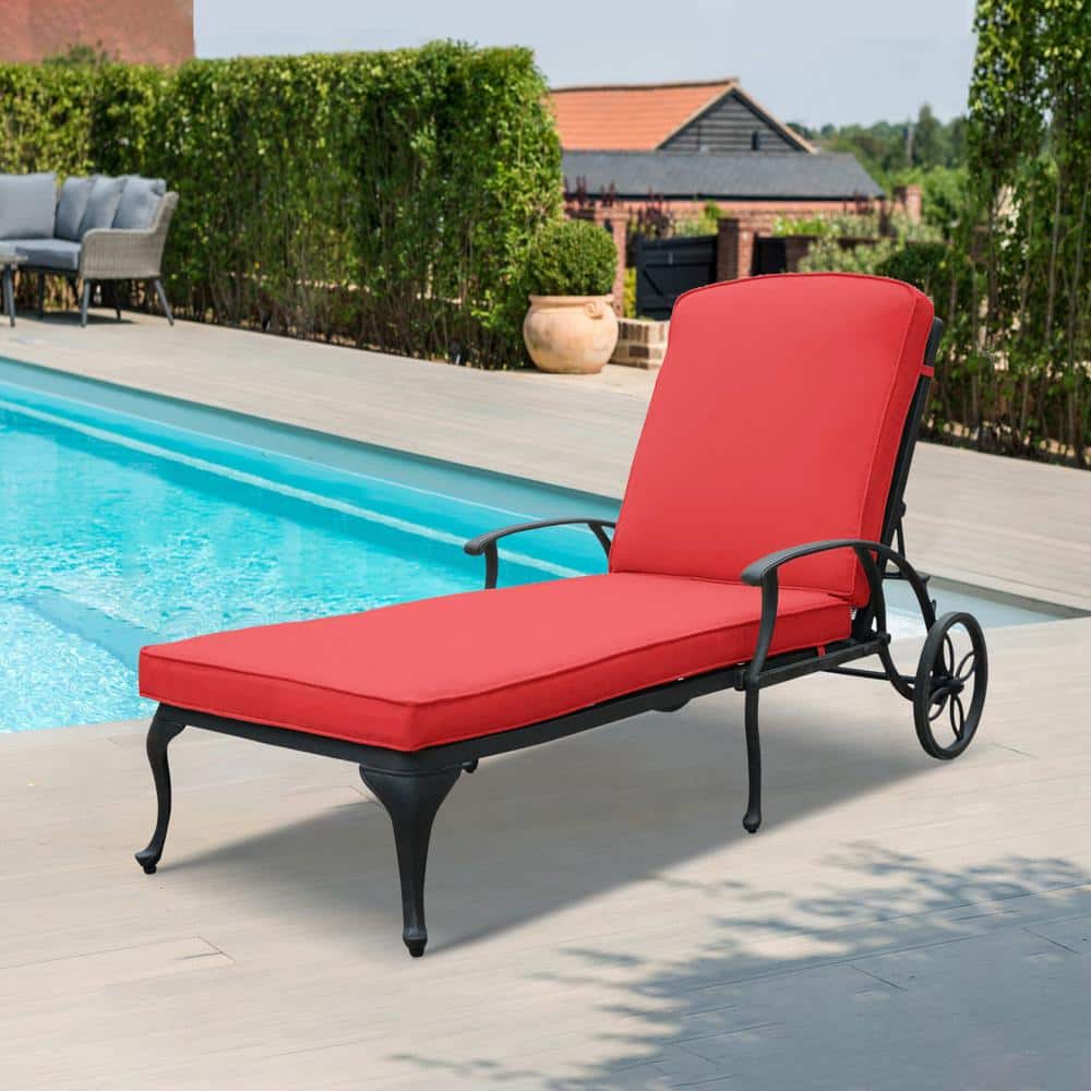 Brown Aluminum Outdoor Patio Chaise Lounge with Red Cushion and Wheels