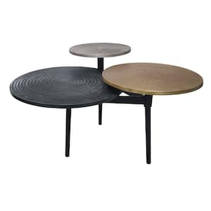 37 in. Black, Antiqued Brass and Silver Round Metal Handcrafted Coffee Table with 3-Tier and Straight Legs