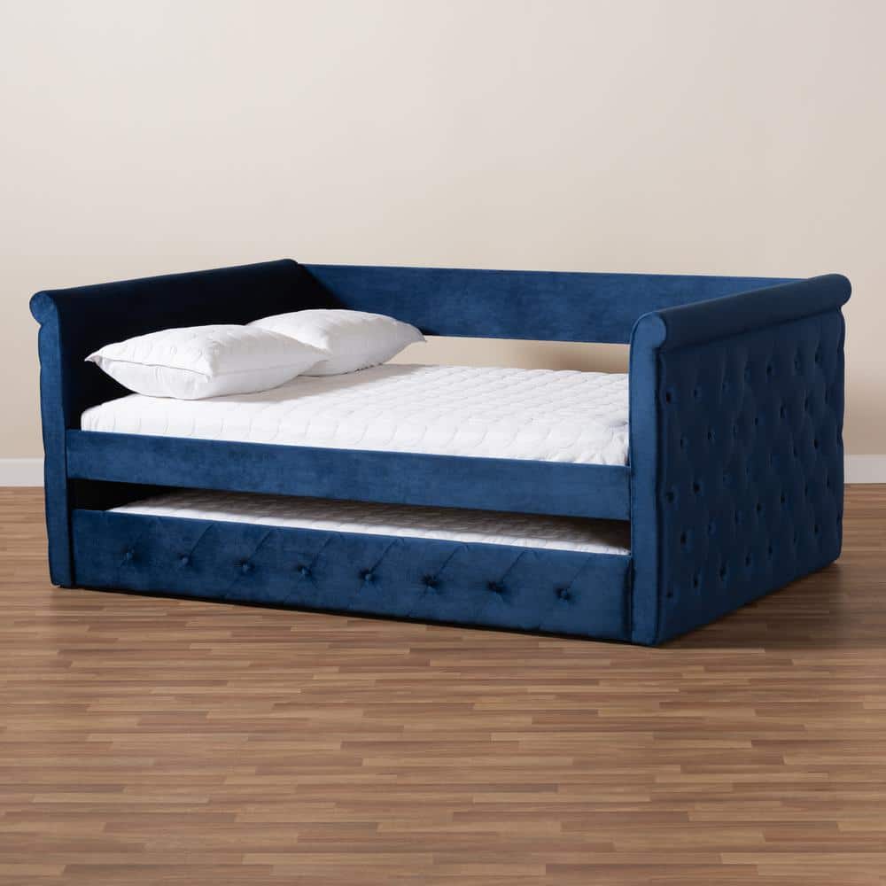 Navy Blue Velvet Upholstered Full Daybed with Trundle
