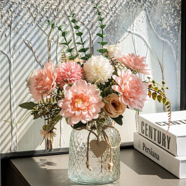 Pink Dahlia 15 in. Pink Indoor Artificial Flowers in Pink Ceramic