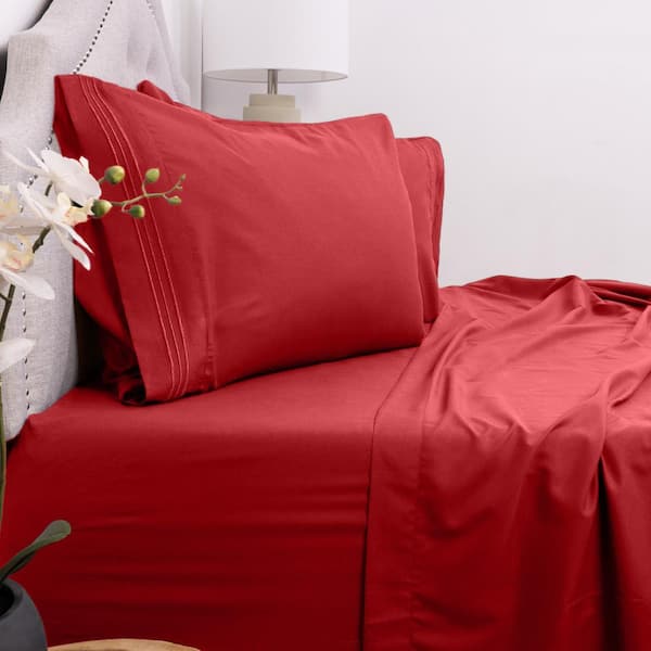 1800-Series 4-Piece Red Solid Color Microfiber Queen Sheet Set
