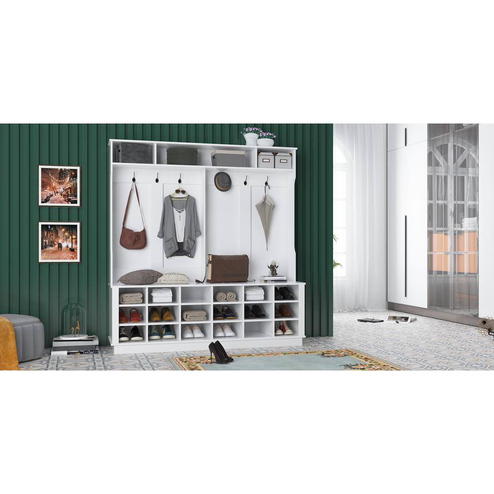 White MDF Wide Hall Tree with Shoe Cubbies and Hooks