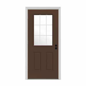 32 in. x 80 in. 9 Lite Dark Chocolate Painted Steel Prehung Right-Hand Outswing Entry Door w/Brickmould