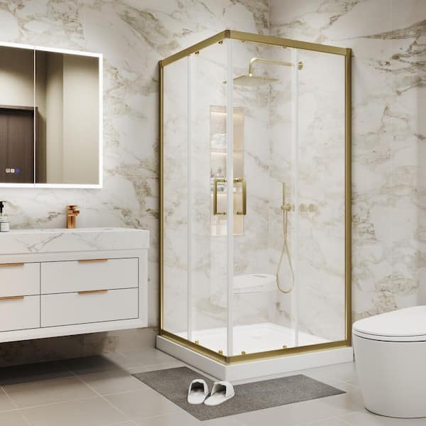 36 in. W x 71 in. H Gold Frameless Double Sliding Alcove Shower Doors with 1/4 in. (6mm) Clear Tempered Glass