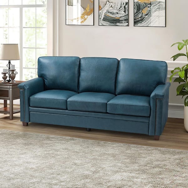 Cristina 77.2 in. Wide Turquoise Leather Rectangle 3-Seat Sofa with Wooden Legs