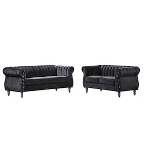Louis Black Velvet Nailhead Living Room Set Sofa and Loveseat