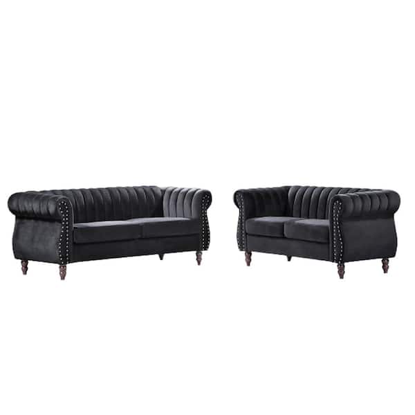 US Pride Furniture Louis Black Velvet Nailhead Living Room Set Sofa and Loveseat