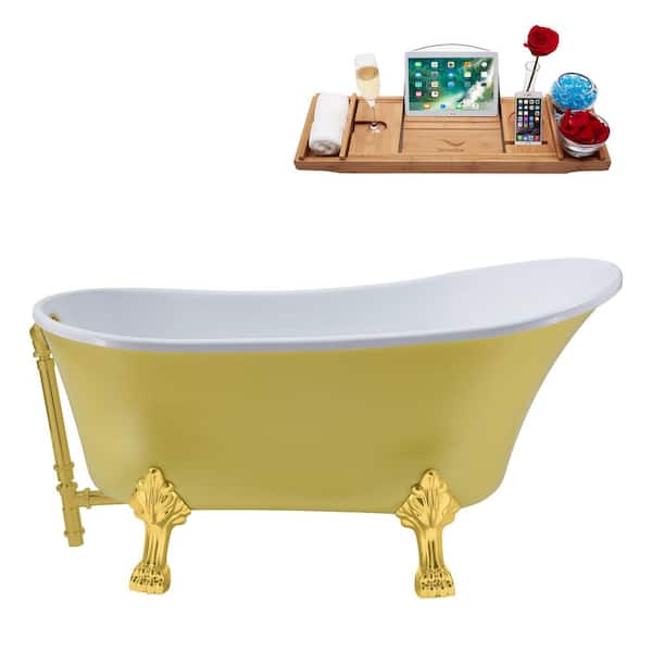 Streamline 63 in. Acrylic Clawfoot Non-Whirlpool Bathtub in Matte Yellow With Polished Gold Clawfeet And Brushed Gold Drain
