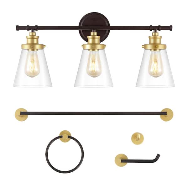 Hollis 23.75 in. 3-Light Vanity Light with Bathroom Hardware Accessory Set, Oil Rubbed Bronze/Gold Painting (5-Piece)