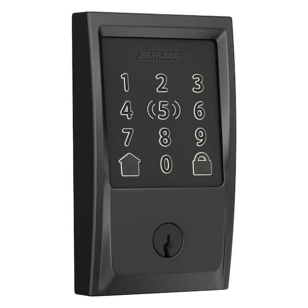 Century Matte Black Encode Plus Smart WiFi Deadbolt and Handleset Grip with Latitude Door Handle and Century Trim