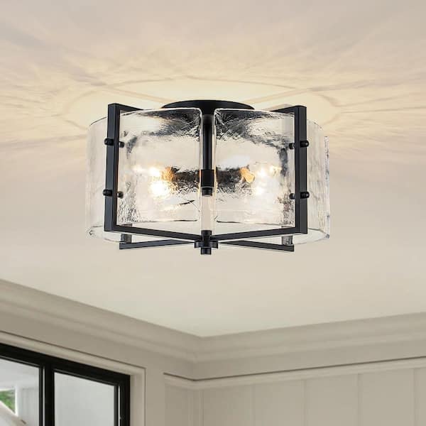 Y'INSP 16.73 In. 4-Light Matte Black Modern Ceiling Light Semi-Flush Mount Fixture With Curved Textured Glass Shade